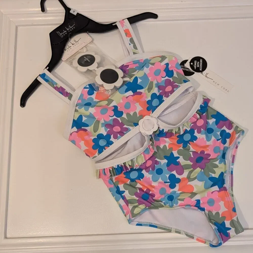 Nicole Miller Girls Swimsuit Floral CutOut One Piece Summer Frilly - Size 10